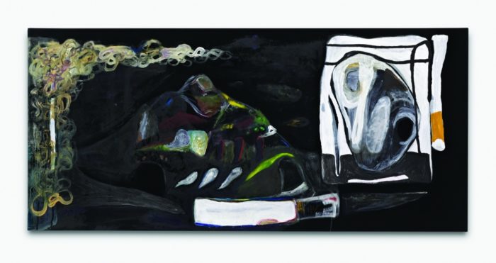 Profissimo,
Reinigungsgel, Kreide,
Öl und Acryl auf Synthetik,
50 x 108 cm,
2015